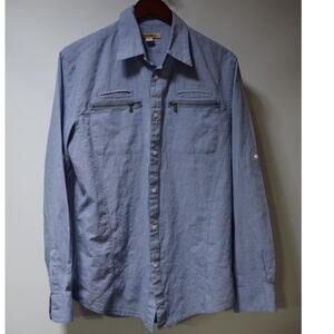 John Varvatos USA Blue Micro Check Button Up Shirt Zip Chest Pockets Size M